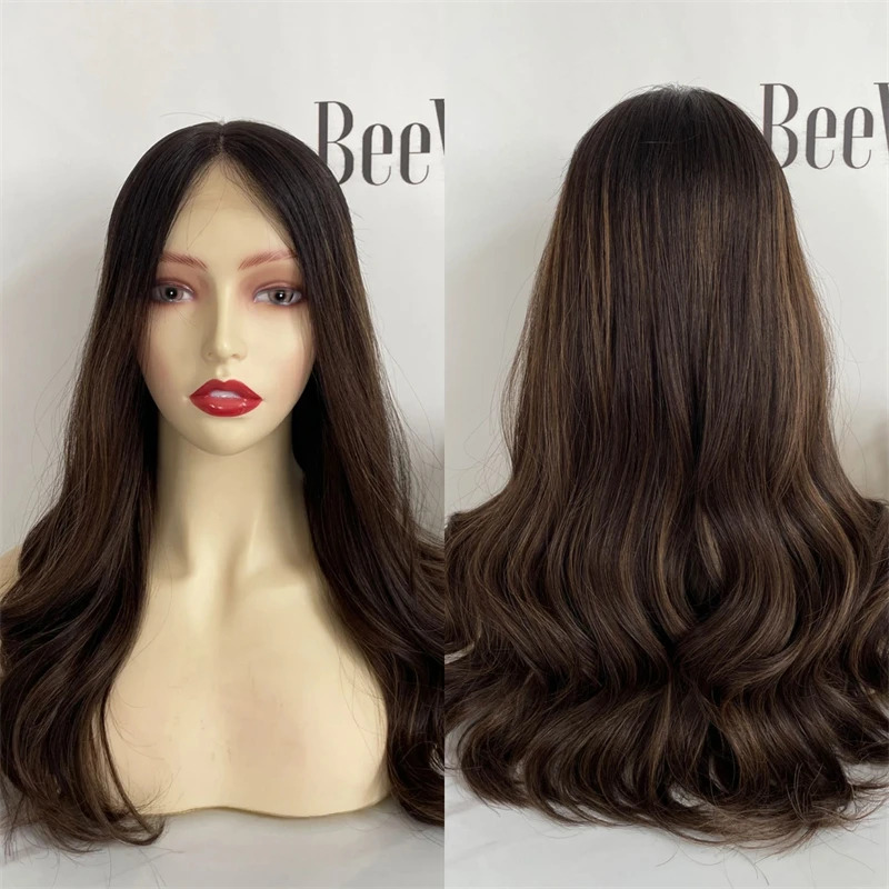 

Middle Part 13x4 Ombre Dark Brown Highlights Synthetic HD Lace Front Wig for Glueless Preplucked Hairline with Baby Hair Party