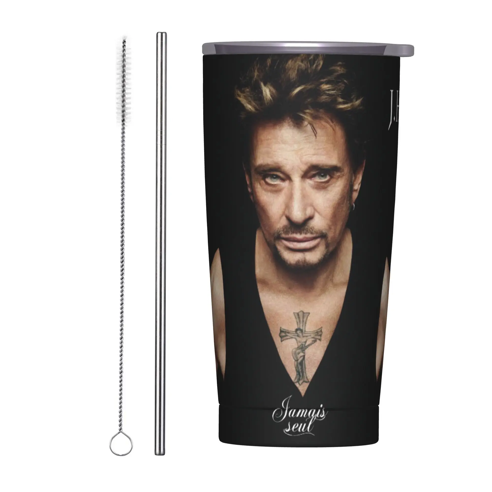 Fashionable Johnny Hallyday Insulated Tumbler with Straws  Stainless Steel Thermal Mug Office Home Car Bottle Cup, 20oz