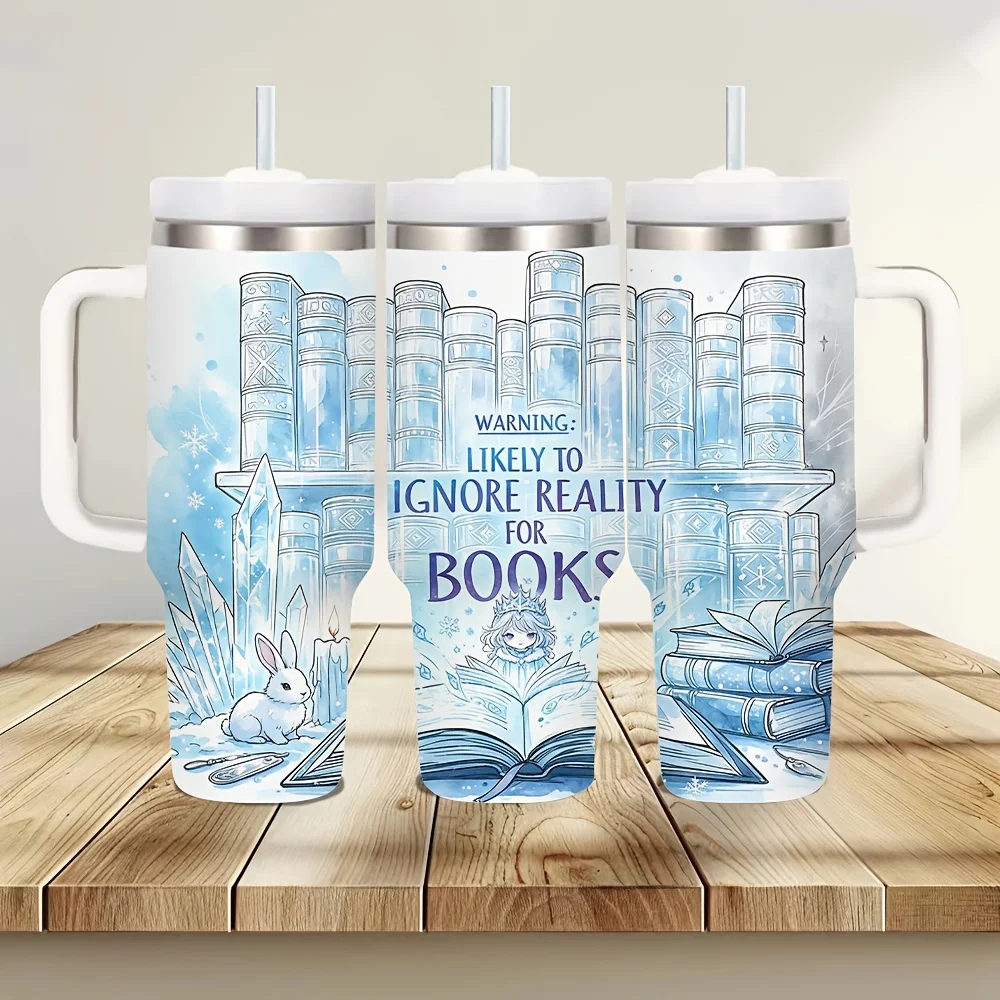 40Oz Insulated Tumbler with Handle, Book-Themed Print Cup, Suitable for Book Lovers, Maintains Temperature for Hot And for cold Drinks, Ideal for Daily Life And Outdoor Activities