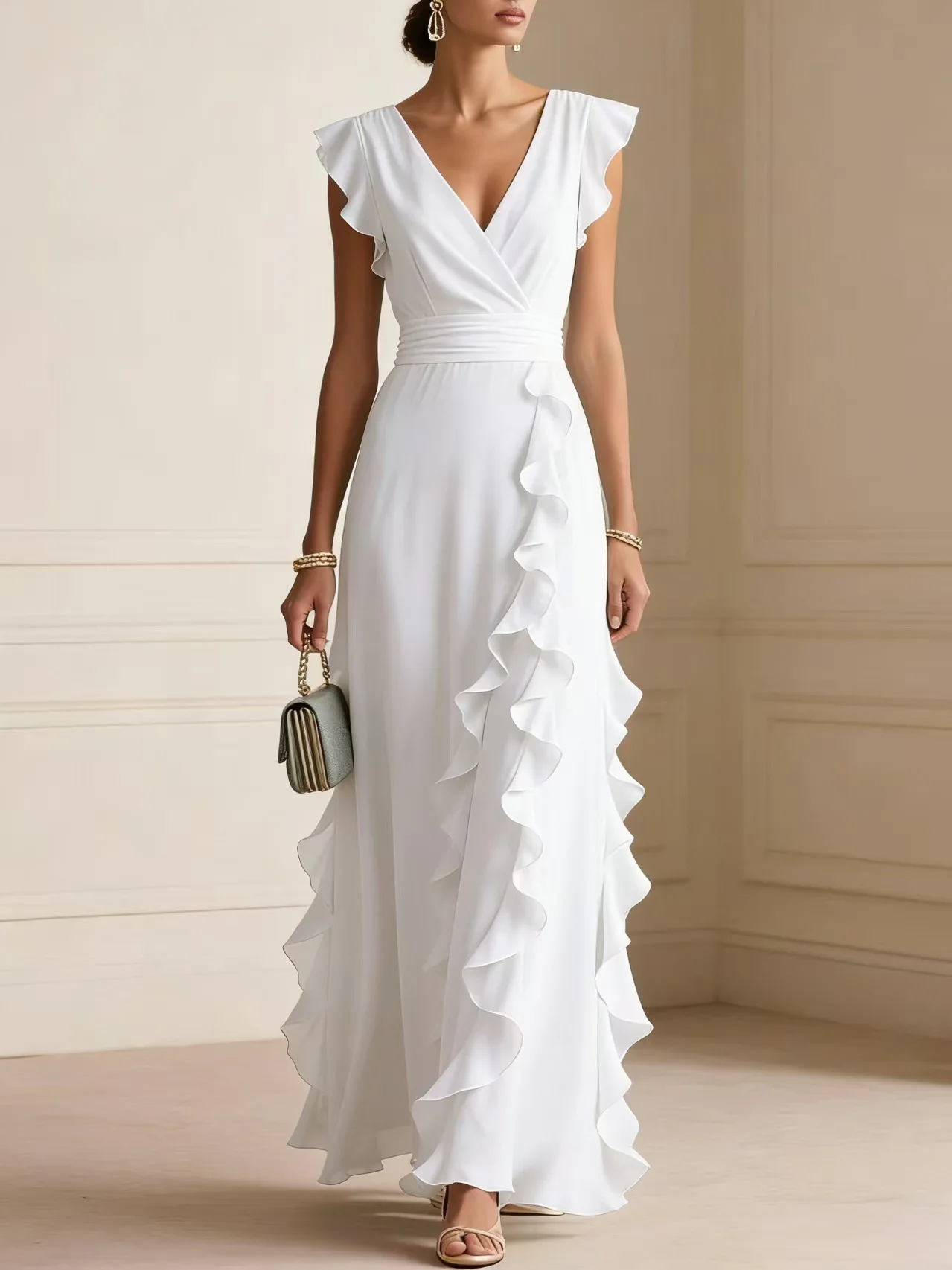 Vestido Largo de Gasa con Cuello en V y Volantes para Mujer, Sin Mangas, para Invitadas de Boda, Fiestas Nocturnas, Vestido Formal