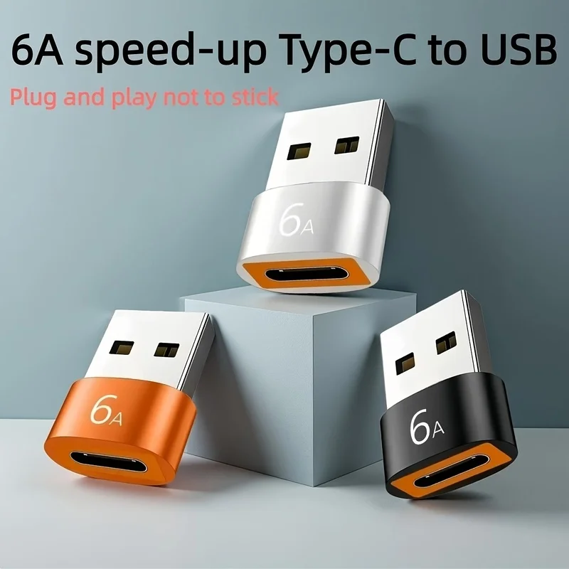 10 Pack Black Orange Silver USB‑A to Type‑C Adapter, 6A High‑Speed Data Quick‑Convert Connector for Phones and Tablets