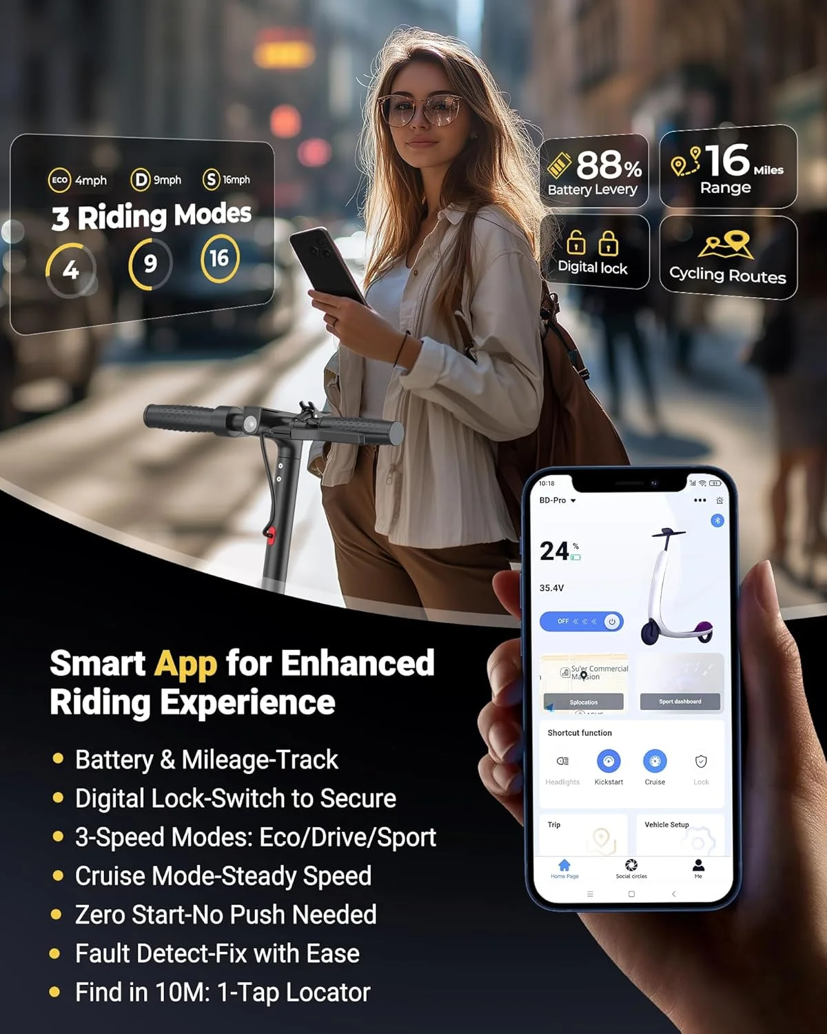 LADPED سكوتر كهربائي 350 واط 19MPH APP سكوتر التحكم الذكي 8.5 بوصة الإطارات للطي E-سكوتر 16 ميل ماكس المدى للكبار #2