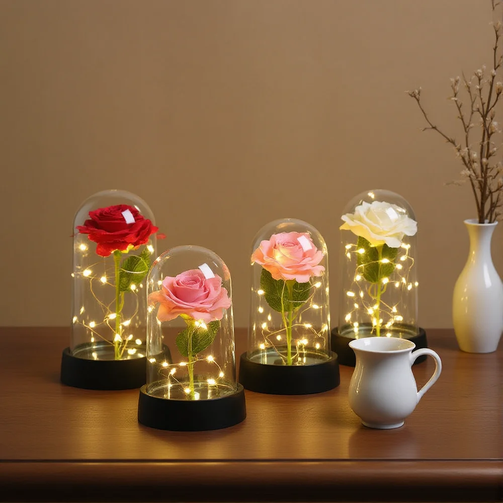 Искусственный букет роз, светодиодные куполообразные украшения, вечная роза, подарок на день Святого Валентина для женщин, свадебное украшение для мамы