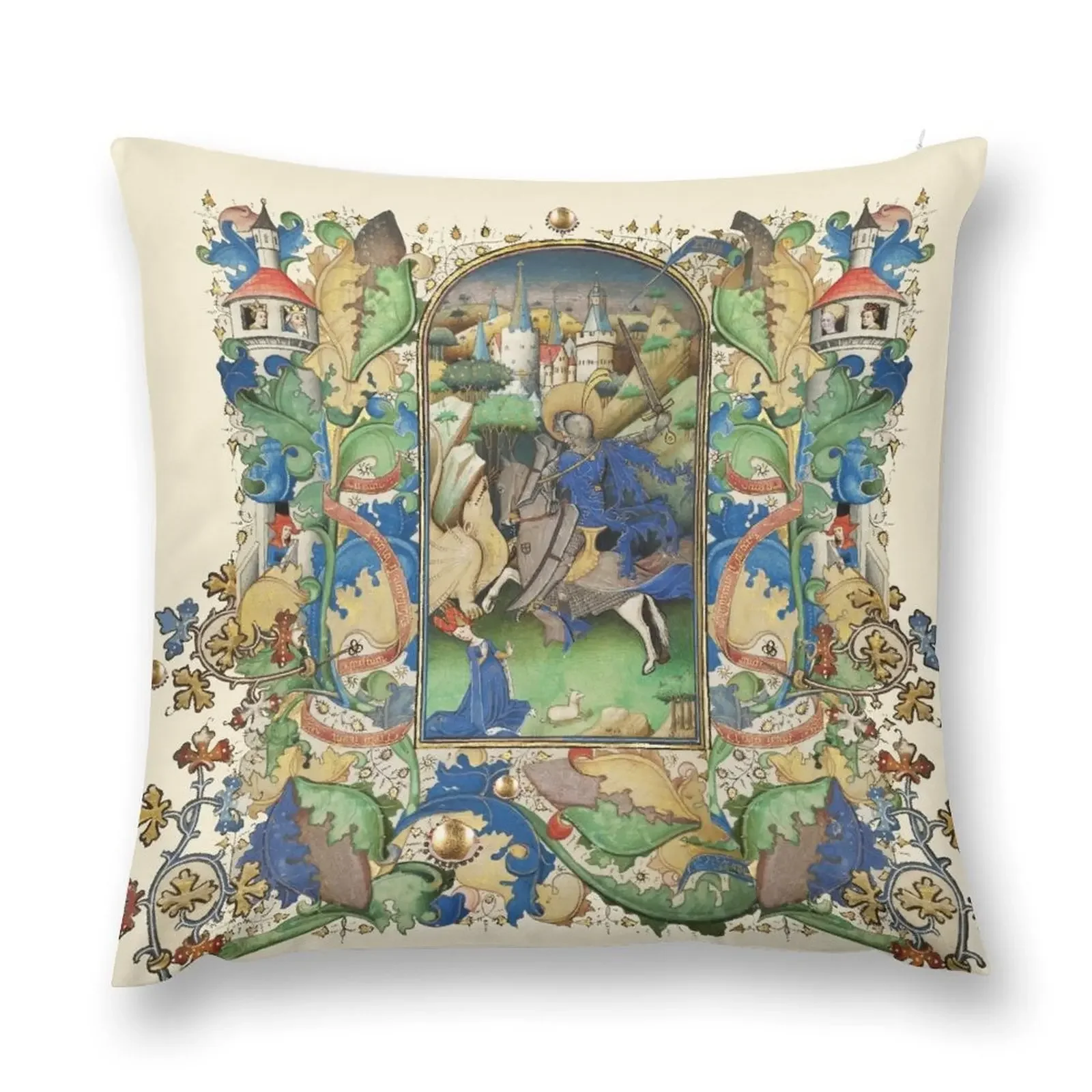 Saint George,Dragon and Princess ,Medieval Miniature in Blue Green Floral Leaves Throw Pillow Sitting Cushion pillow