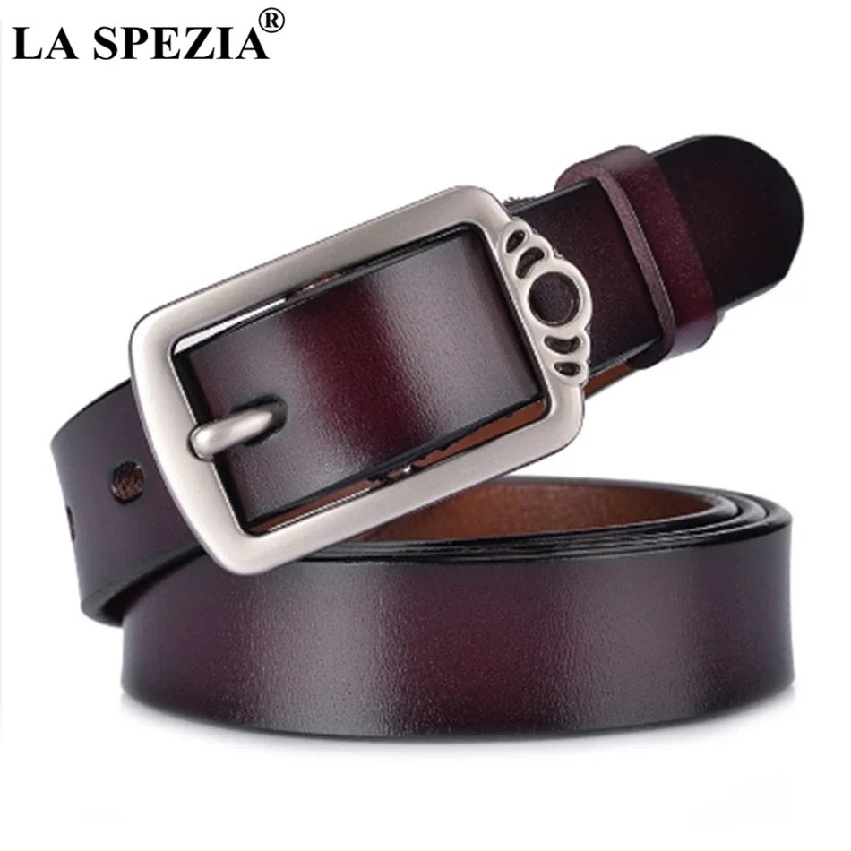 LA SPEZIA Coffee Belt Women Pin Buckle Leather Belt For Jeans Ladies Cowhide Genuine Leather Brand Female Fashion Square Belts