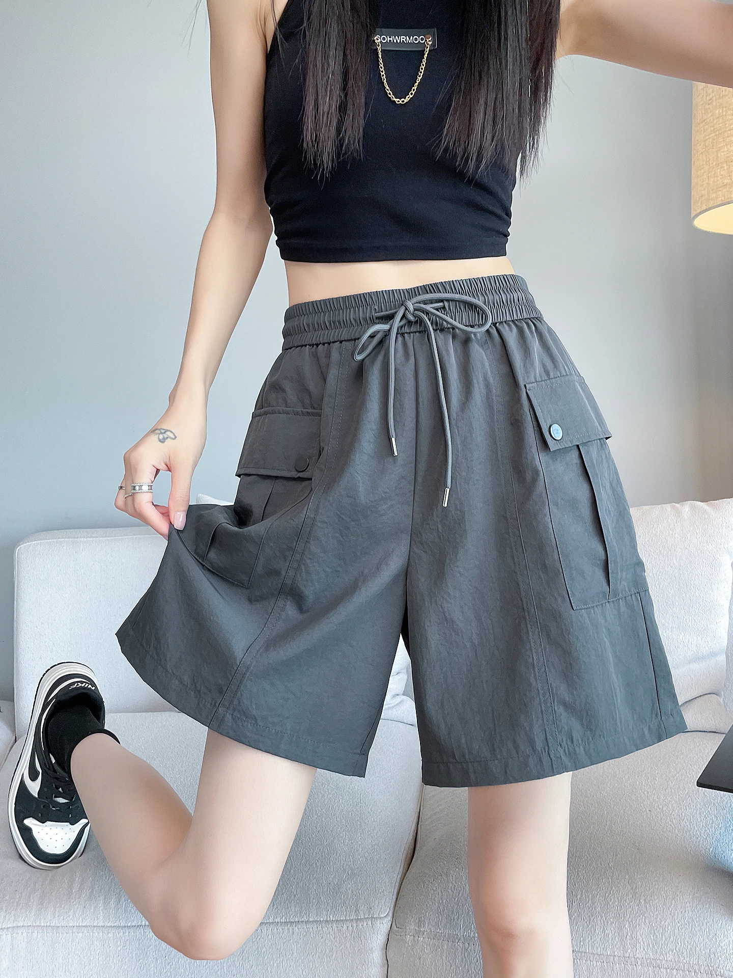 

ey Ice Silk Workwear orts Women Summer Thin High Waist Loose Wide Leg Five-Quarter Qui Dry Sports Pants Commute Sle