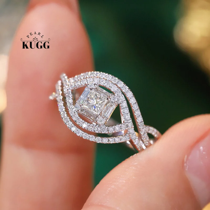 KUGG 100% 18K White Gold Rings Luxury Shiny Design Real Natural Diamond Engagement Ring for Women High Party Jewelry