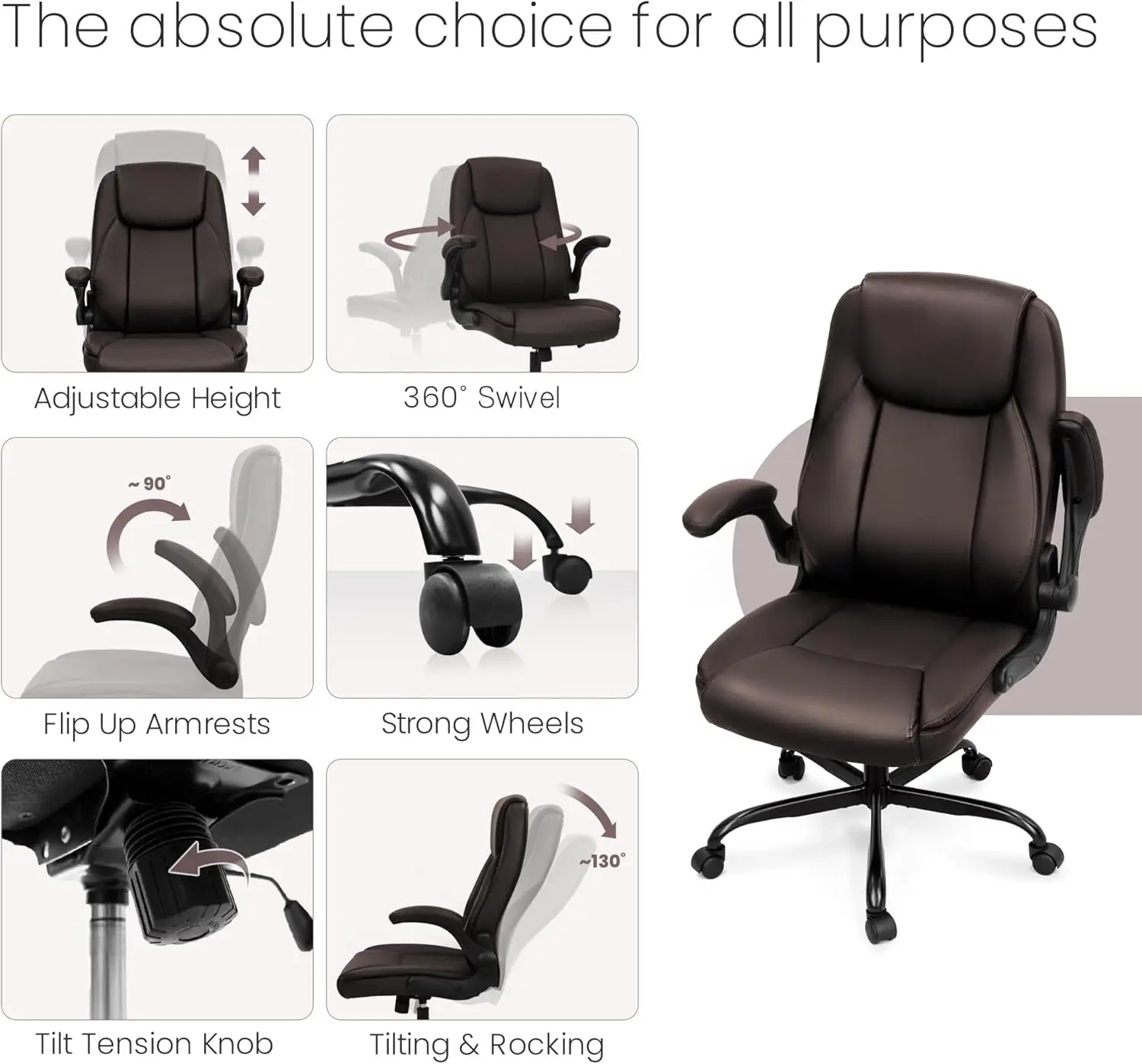 Ergonomic office chair made of PU leather, executive chair with soft cushion and adjustable armrest height