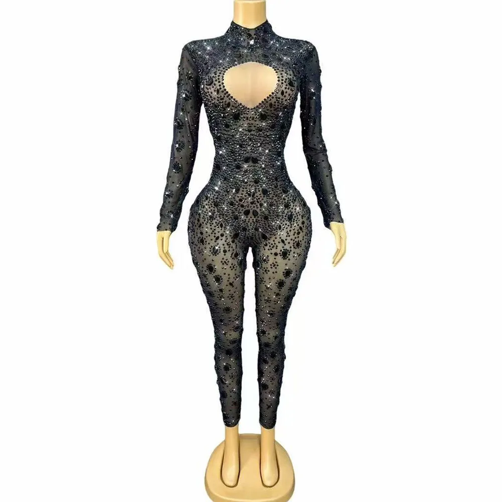 

Sexy Sparkly Black Rhinestones Transparent Mesh Jumpsuit Singer Dancer Performance Party Show Blingbling Stage Wear Costume