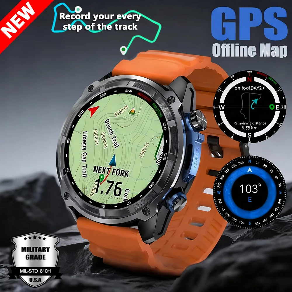 

2025 New T-Rex Tactical Smartwatch Built-in GPS Offline Map 4GB Memory 5ATM IP69K Swimming Waterproof Men Militray Smart Bracele