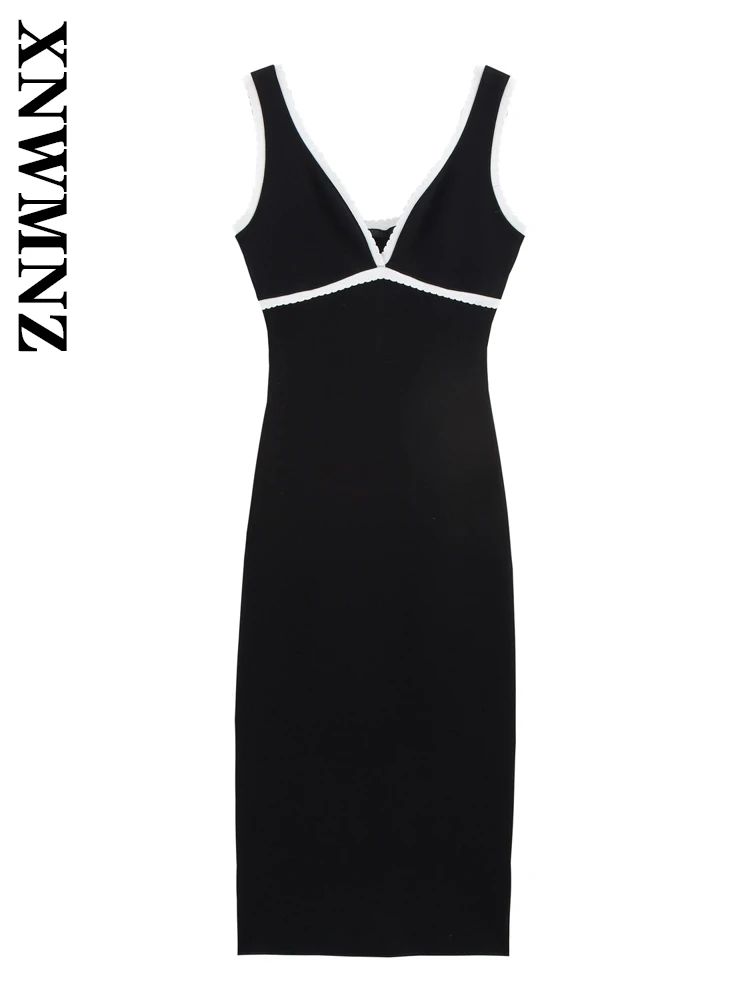 

XNWMNZ 2025 Summer New Lady Simple club V-Collar Shoulder Backless Dresses Fashion Party Woman's Sleeveless wide shoulder Dress