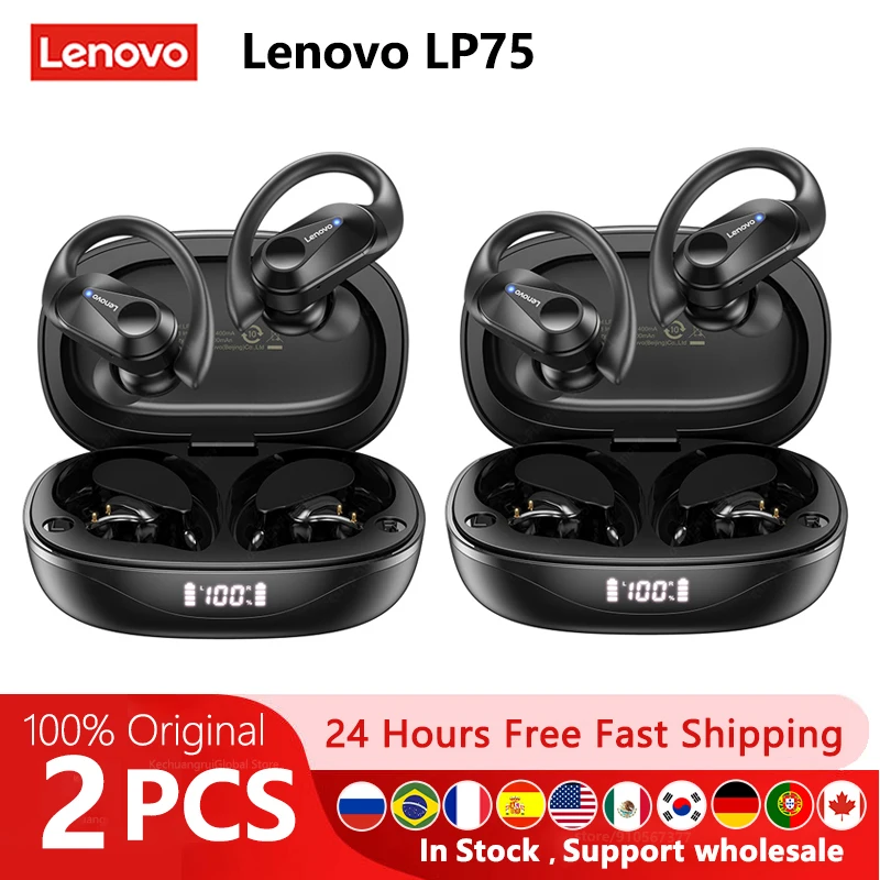 Lenovo LP75 Ture Wireless Headphones TWS Bluetooth 5.3 Noise Reduction Sports Ear Hook HiFi Stereo Waterproof Gaming Earphones