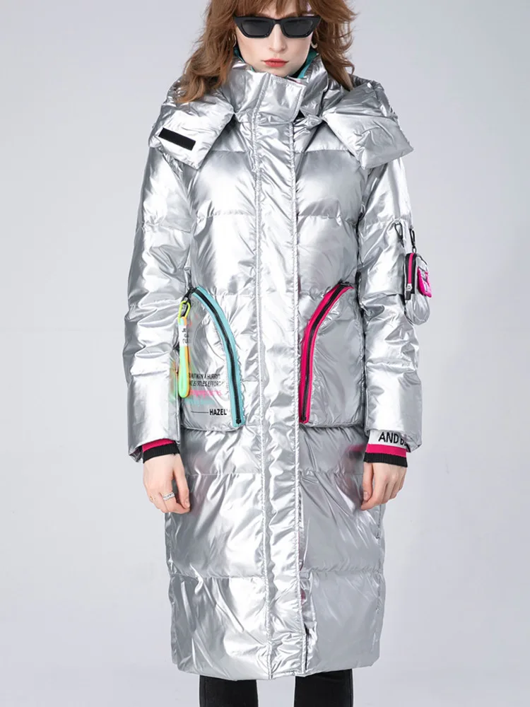 Winter Clothing Glossy Waterproof Coat Women Long 90% White Duck Down Coat Thick Loose Outerwear Warm Down Jacket Hooded Parkas