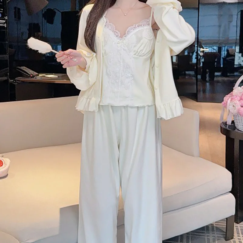 Island Velvet Sexy Pajamas for Women Home Wear Three-piece Set Double-sided Warm Autumn Winter Strape Pajamas Sleepwear
