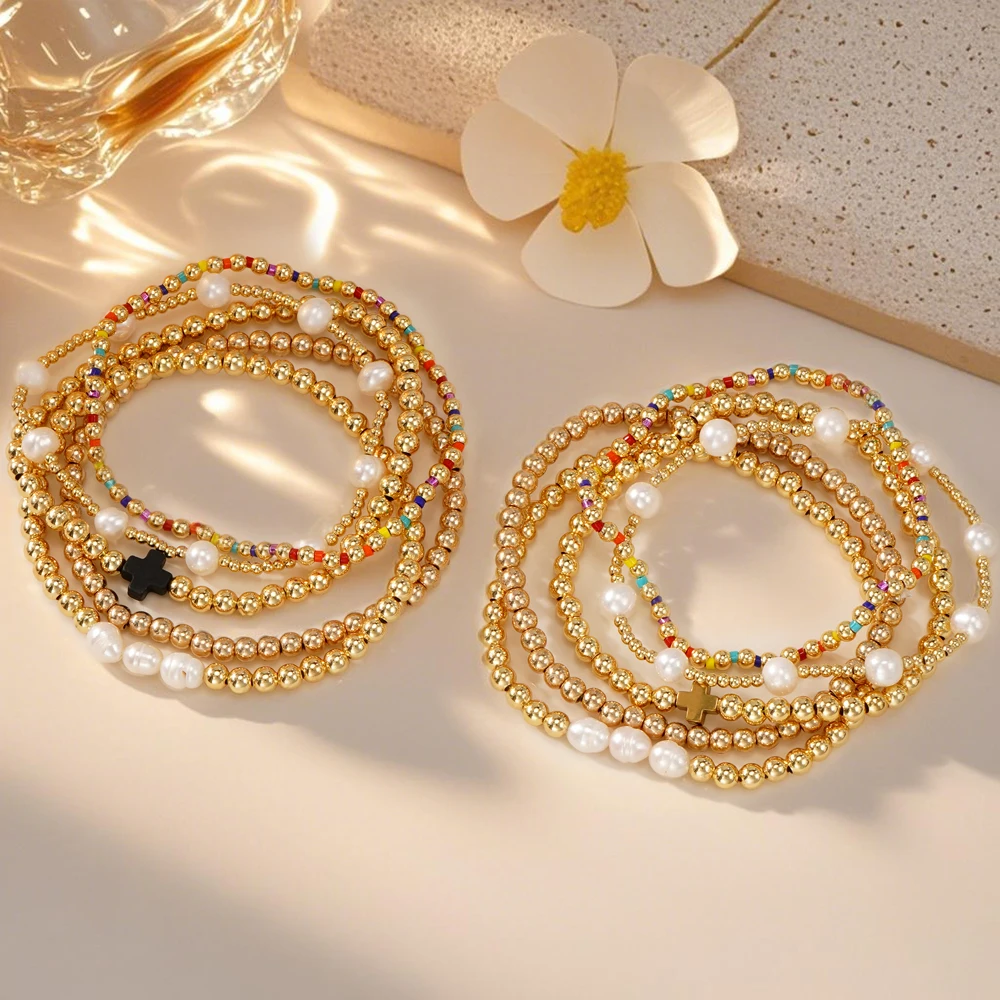 

1 PC The New Cross/Pearl/Melange Miyuki Natural Pearl Copper Bead Bracelet Five-Piece Set is Popular With Ladies For Daily Wear