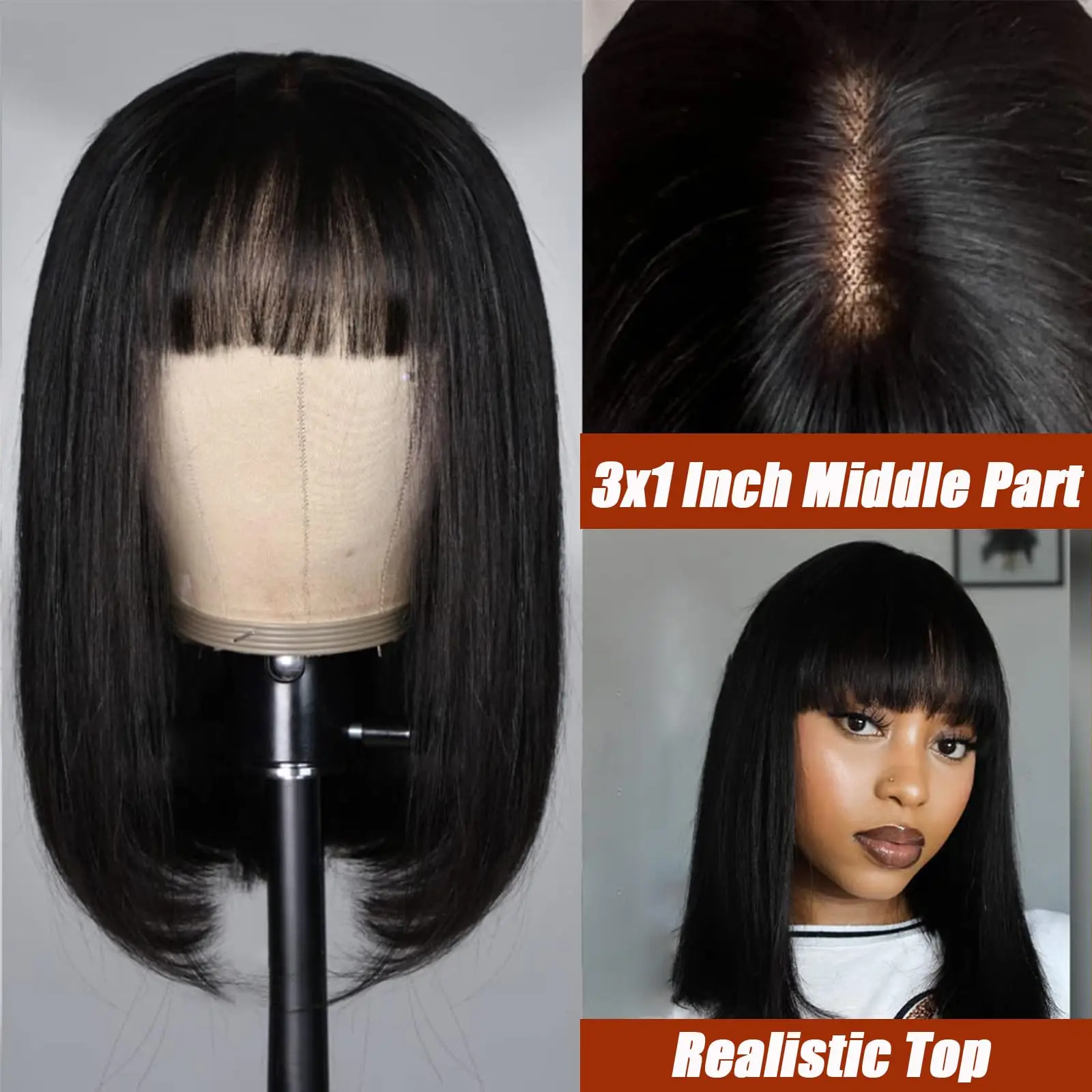 Bangs Human Hair 180 Density 2x1 Straight Short Bob Wig Human Hair Glueless Realistic Look HD Lace Human Hair Bang Bob Wig