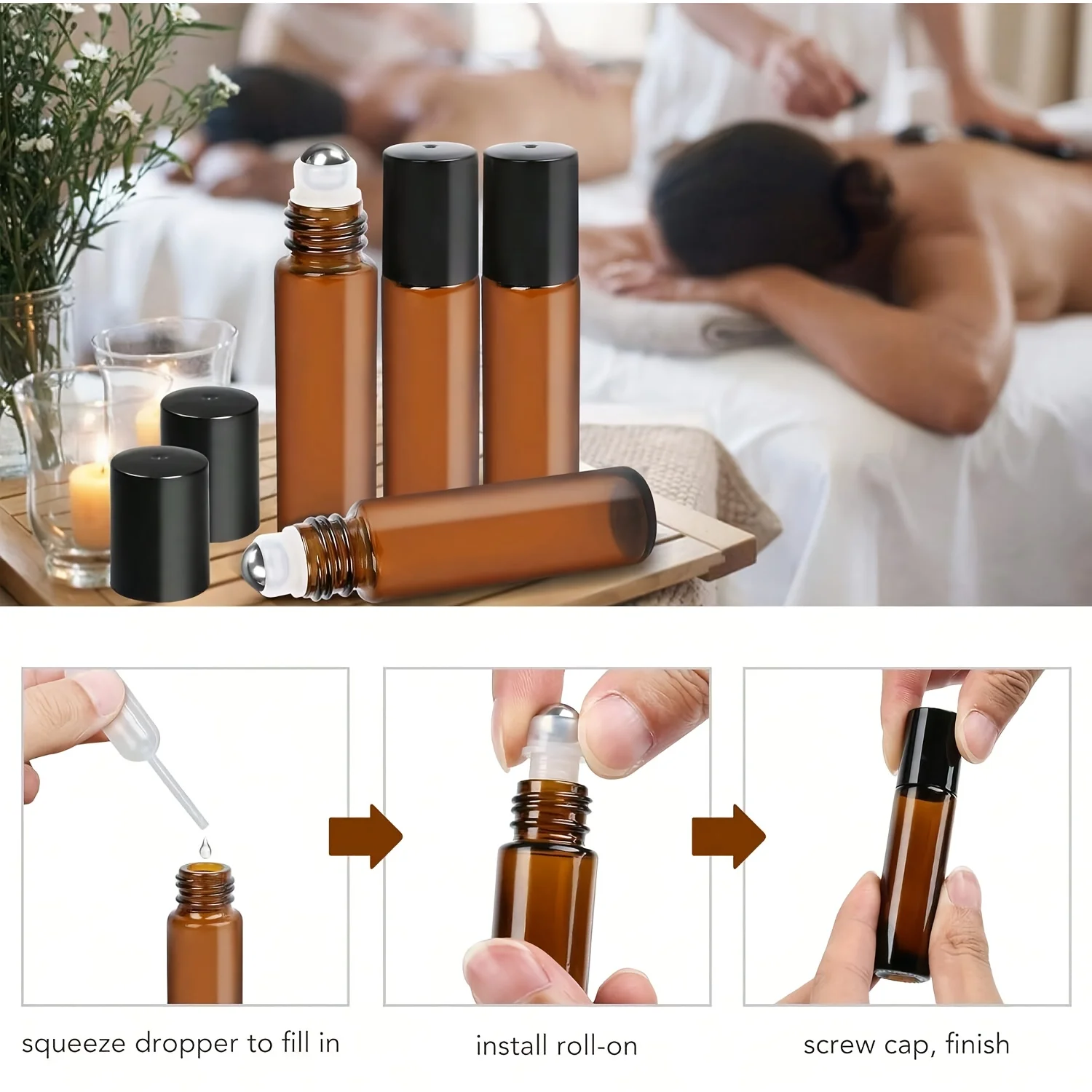 5/10 قطعة 5/10 مللي العنبر الزجاج لفة فارغة على زجاجات إعادة الملء عينة اختبار قوارير الزيت العطري مع حاوية السائل الكرة الدوارة