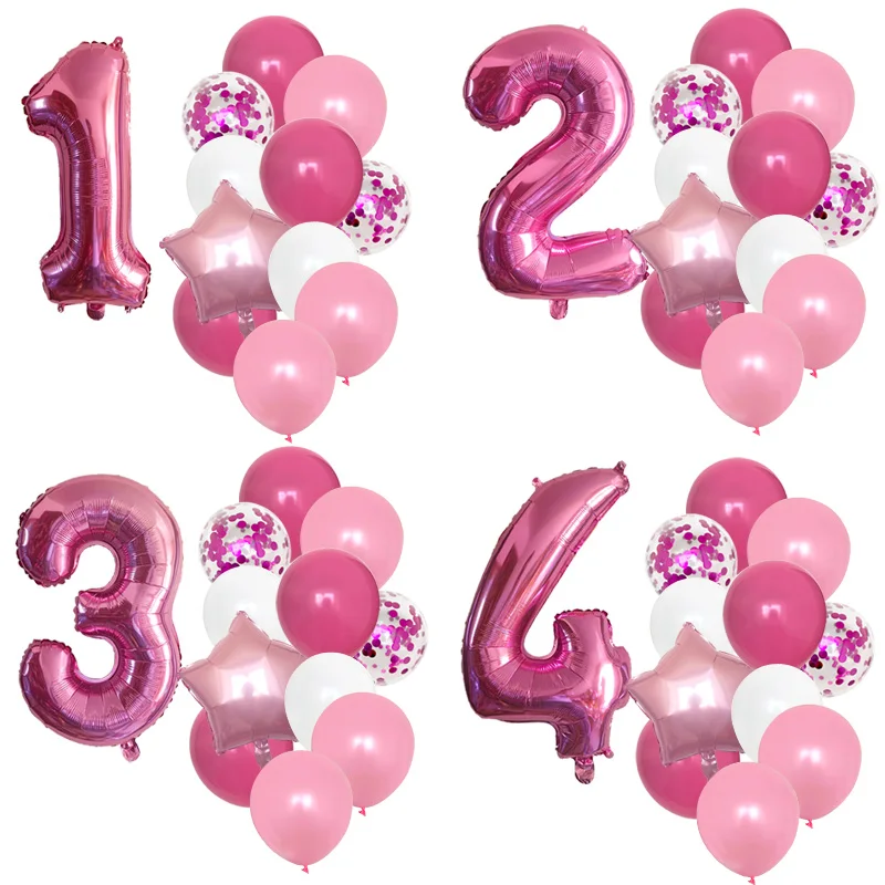 Ballons de fête de premier anniversaire pour filles, 12 pièces, ballons à chiffres roses, décoration d'anniversaire pour filles de 1 2 3 4 5 6 7 8 9 ans, fournitures de fête