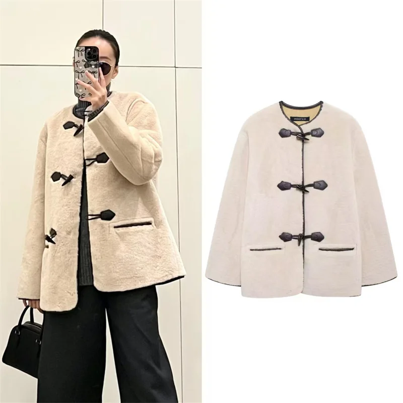 

Women's Coat 2025 Winter New Ivory White Long Sleeve Loose Fit Rope Knot Button Decor Loose Coat Stylish and Trendy