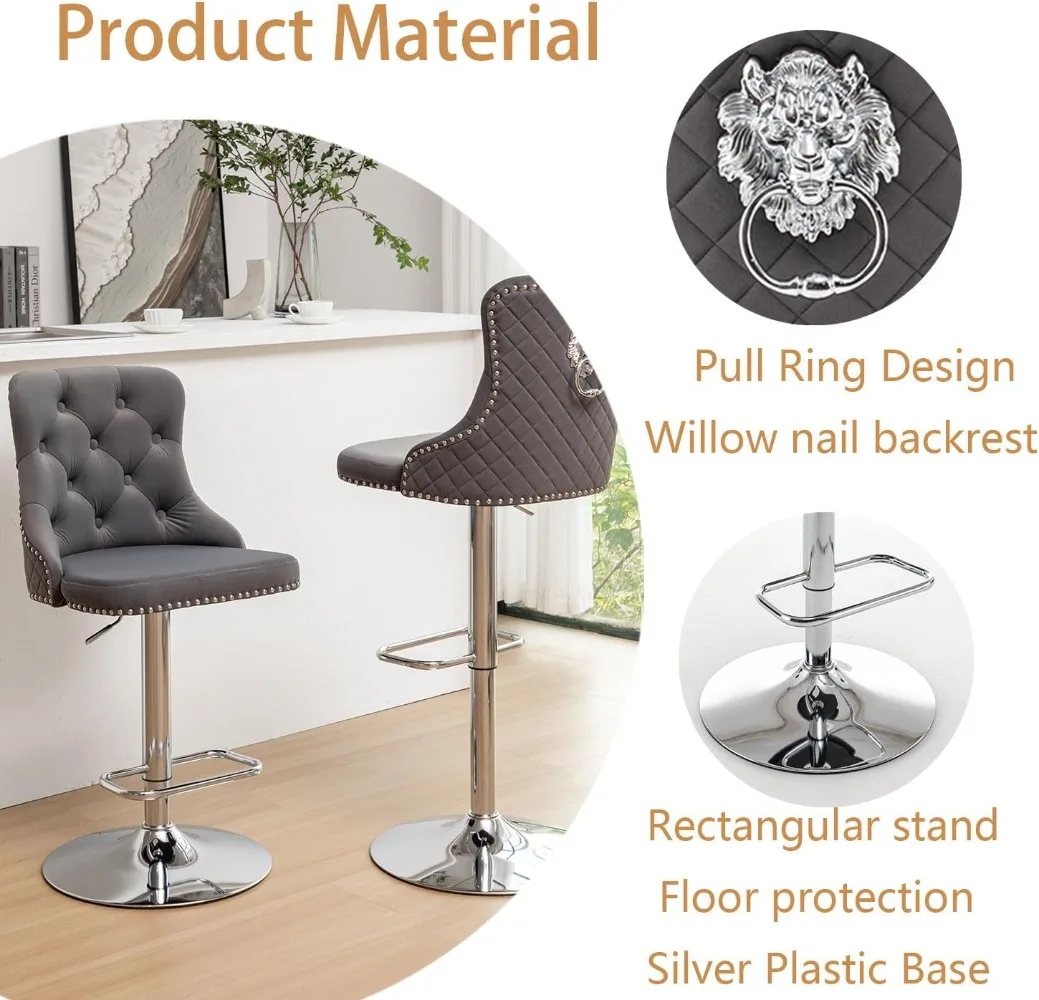 Bar Stools Set of 2, Counter Height Bar Stools with Trim, Pull Ring, for Kitchen Island, Pub (Grey)