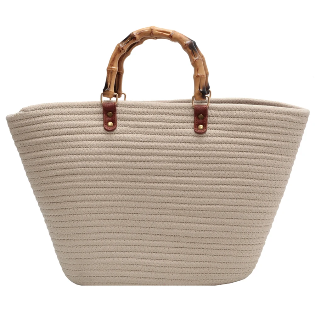 Cotton Woven Handbags Bamboo Handle Ladies Woven Tote Large Capacity Striped Portable Casual Fashion Exquisite for Seaside Party