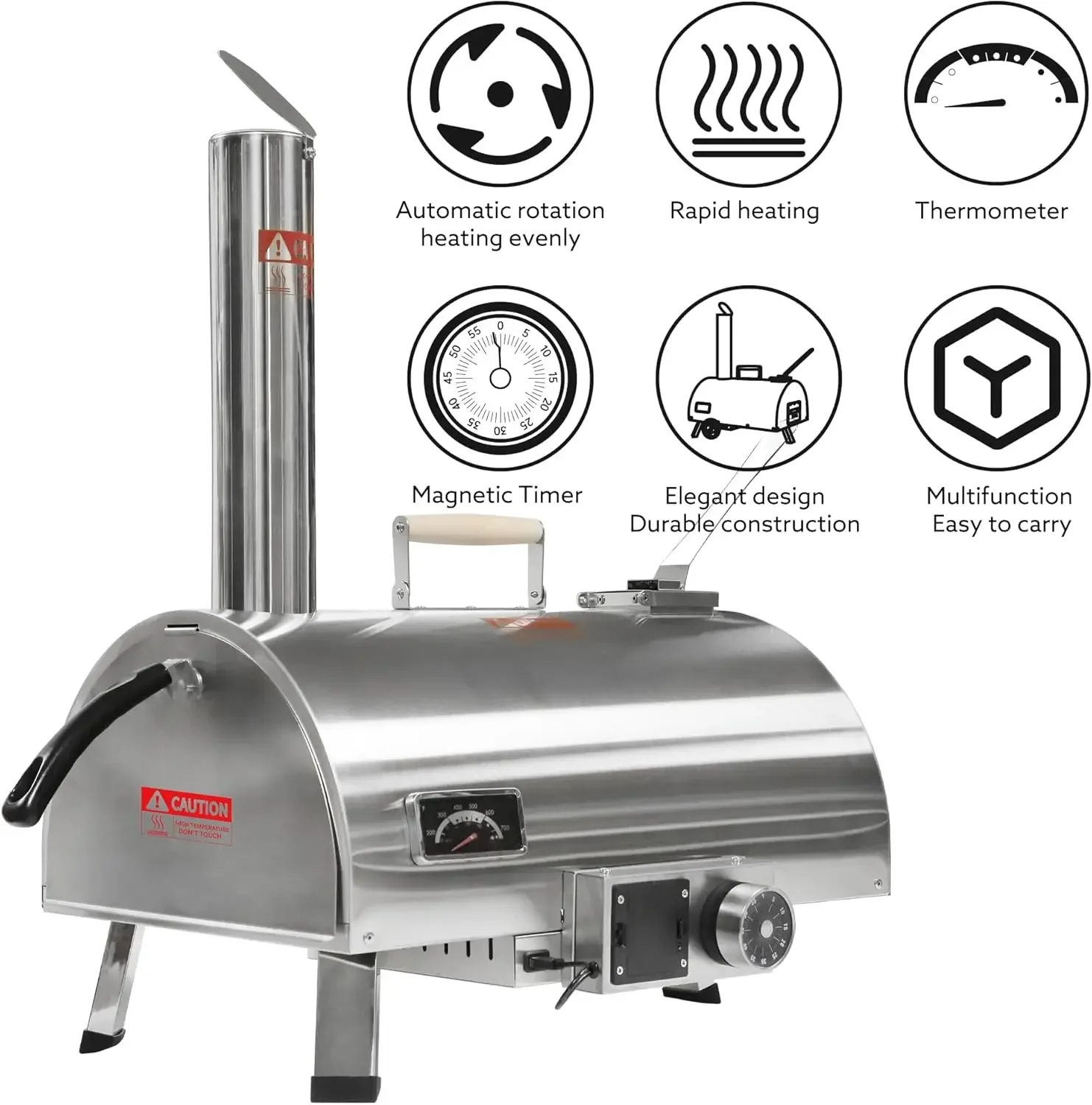 Forno de pizza giratório automático Ciatre 12"" - Máquina de pizza portátil de madeira de aço inoxidável com termômetro embutido, pizza