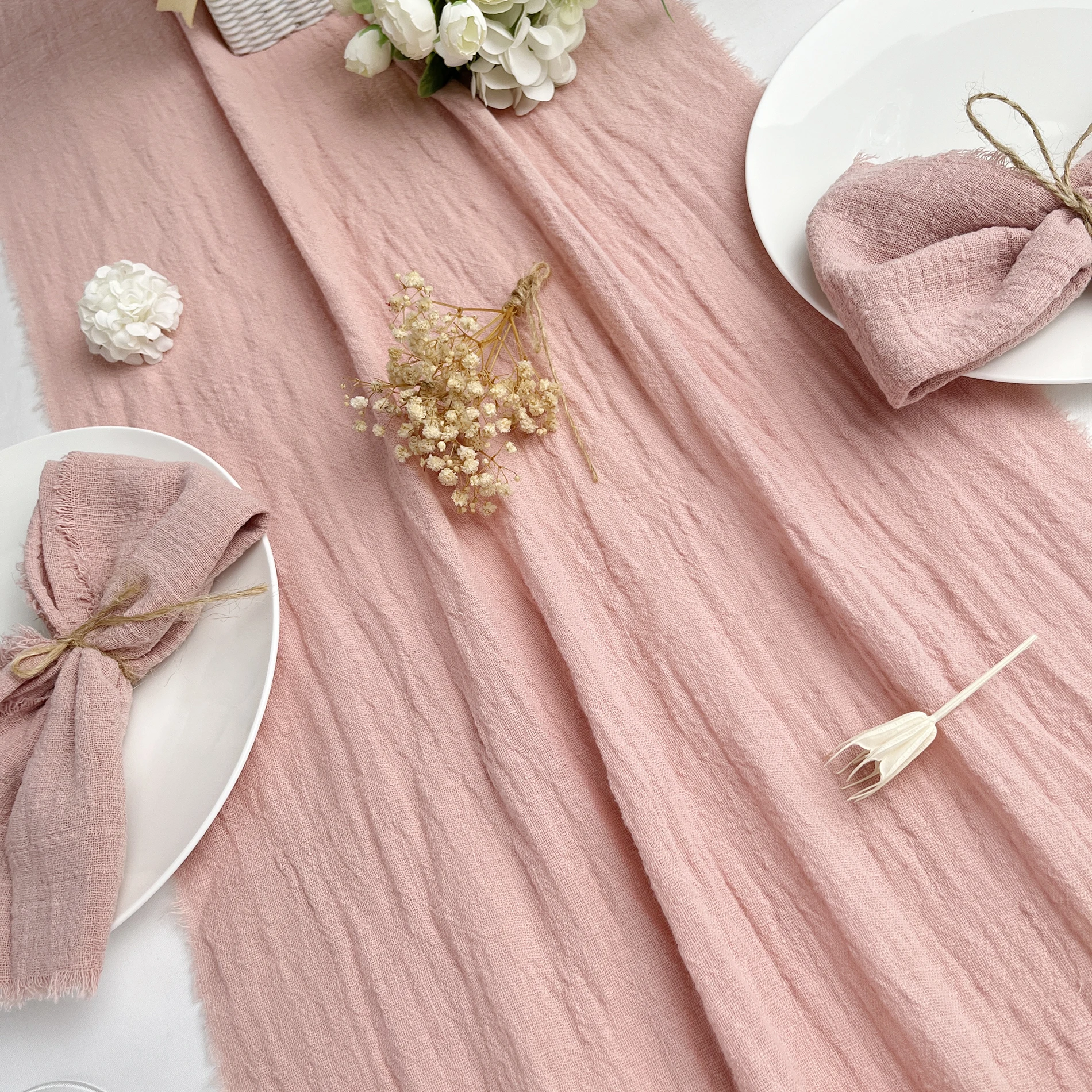 Camino de mesa de boda de gasa de algodón, servilletas de comedor con textura de rebabas rosas Retro, corredores de mesa de cocina, decoración de mesa de Navidad para el hogar, regalo