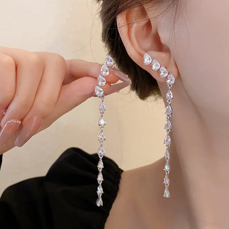 Super Flash Water Drop Zircon Long Tassel Dangle Earrings for Women Light Luxury Temperament Dainty Magnificent Earring C