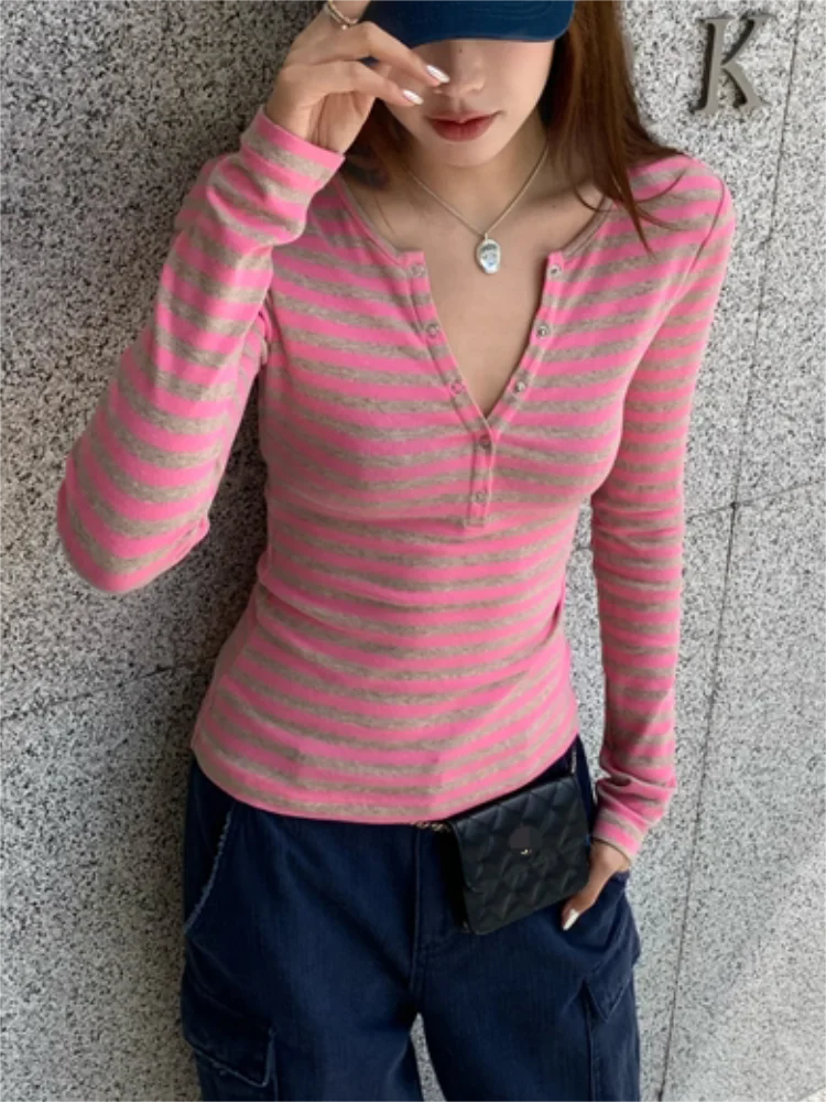 Vintage Gestreifte Nette T-shirts Frauen Koreanische Mode Taste Fee Grunge T-Shirt Y2K Kleidung Casual Herbst Winter Streetwear Top – Detail 8