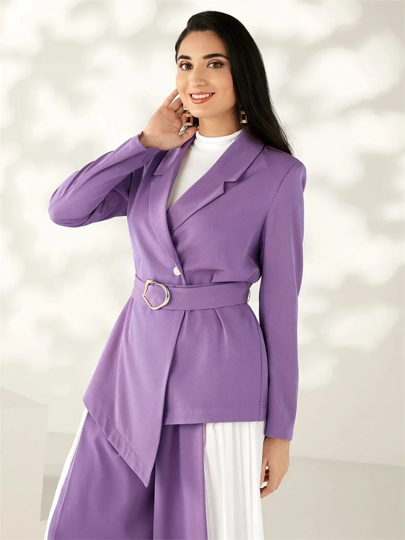 Plus Size Women Suit 2 Pieces Pants Set Blazer With Belt Prom Dress Splicing Color Jacket Tailored Office Lady женский костюм