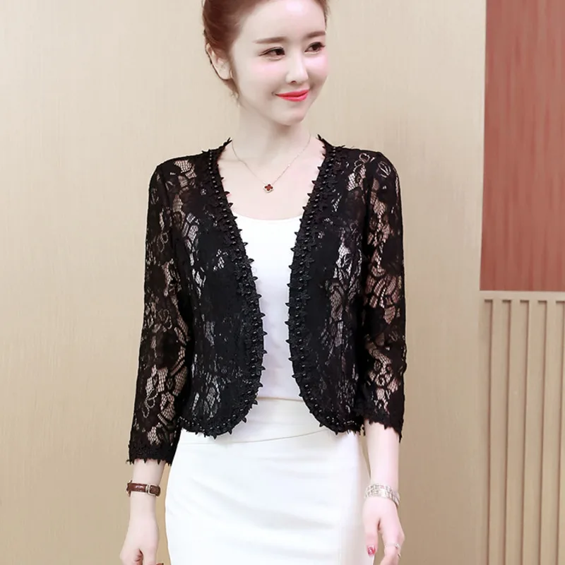 #5326 Summer Black White Red Short Lace Jacket Women Thin Sexy Perspective Ladies Jackets Vintage Cardigan Kimono Coat Female