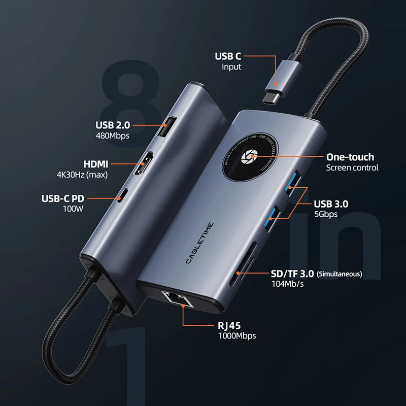 Imagem -06 - Cabletime-hub Usb tipo c para Hdmi em 4k 30hz Lan 1000mbps Slot para Cartão sd Design One Touch Armazenamento Usb c C464