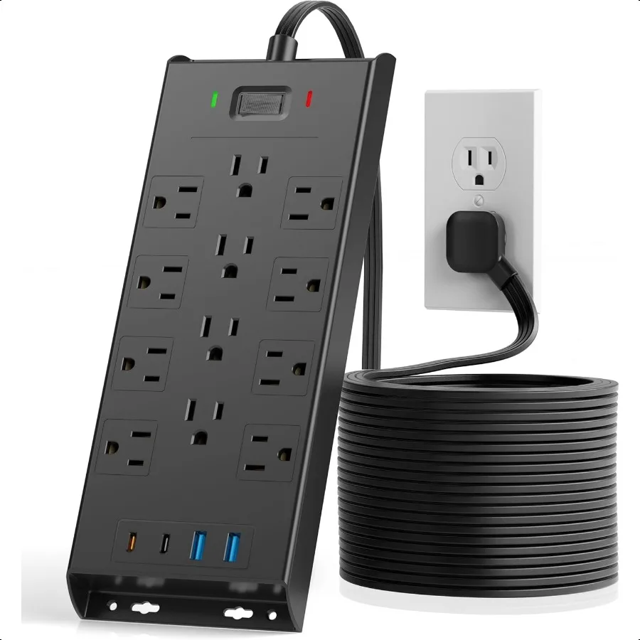 عرام حامي قطاع الطاقة 4800J LeZone 10Ft سلك تمديد طويل قابس مسطح 12 منافذ 2 USB C 2 منافذ USB جدار قابل للتركيب 20 واط D