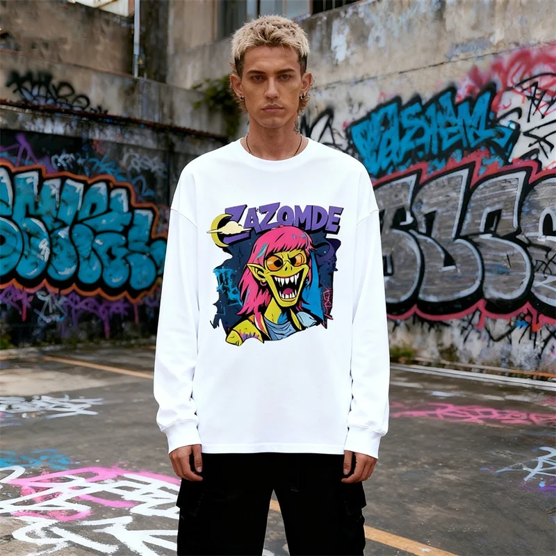 ZAZOMDE 2025 New Unisex Cotton Long Sleeve Tee Vintage Manga Comic Print Streetwear T Shirt Loose Fit Casual Winter Fashion