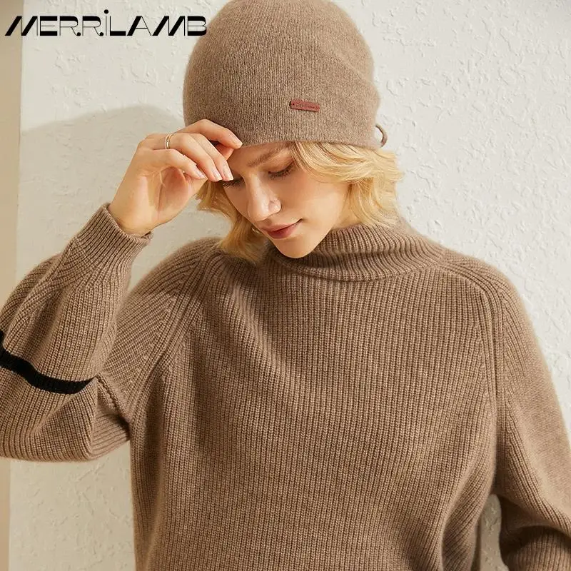 MERRILAMB Cashmere Hat Winter New 100% Cashmere Double-layer Drawstring Skullies Beanies Women Soft Keep Warm Pile Knitted Cap