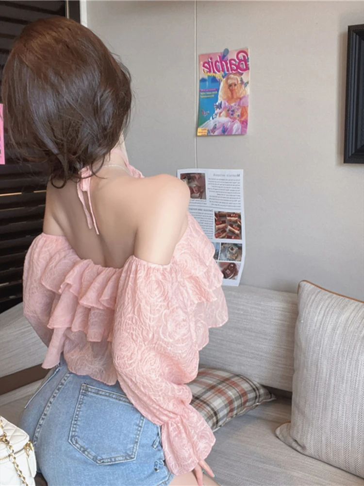 Sweet Blouse Women Elegant Ruffles Off Shoulder Flare Long Sleeve Flowers Hollow Out Loose Autumn New Fashion Shirts