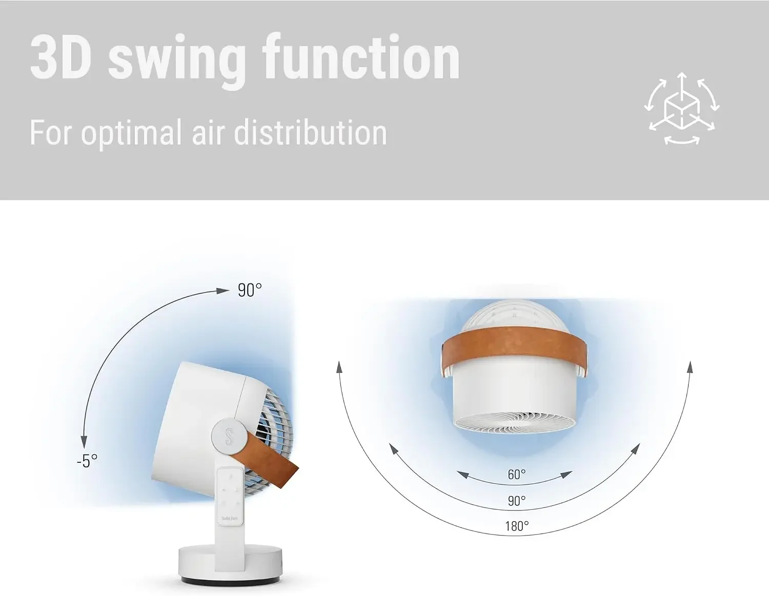 3D air circulator Leo, fan with horizontal and vertical swing mode, wide range of up to 26 feet, white with remote control
