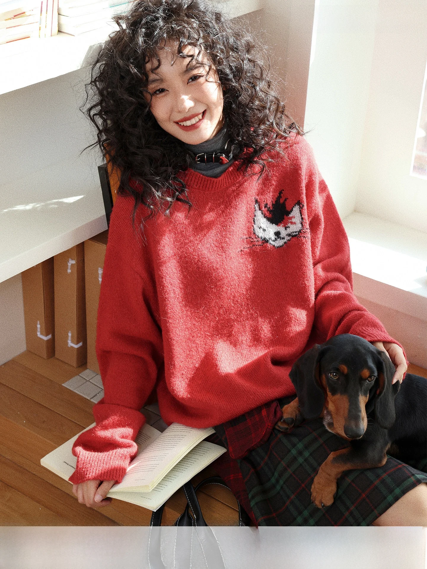 

Chtry Girl Punk Little Mohair Knitwear Women's Red Autumn Winter Top New Sle round Ne Long Sve Warm Sweater