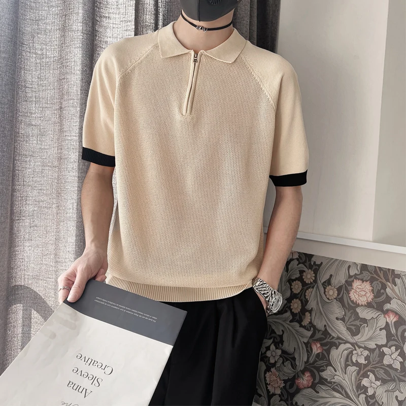 High-quality Men Polo  Stretchable, Breathable for Daily Leisure Wear, Short-sleeved T-shirt, Zip-neck Lightweight Knit Sweater.