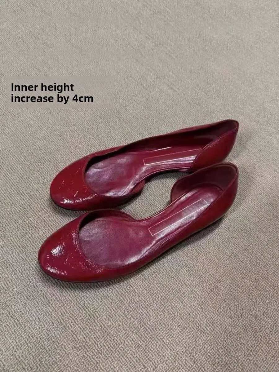 Red Flat Side Open Single Shoes Women's Spring Summer Fashion round Toe Slip-On Flats Increased Height  Knot Flats
