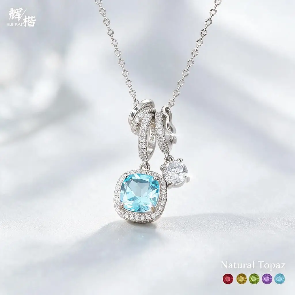 Luxury S925 Sterling Silver Natural Sky Blue Topaz Cz Pendant Dainty Luxury Halo Necklace Collarbone Chain Jewelry Gift For Her