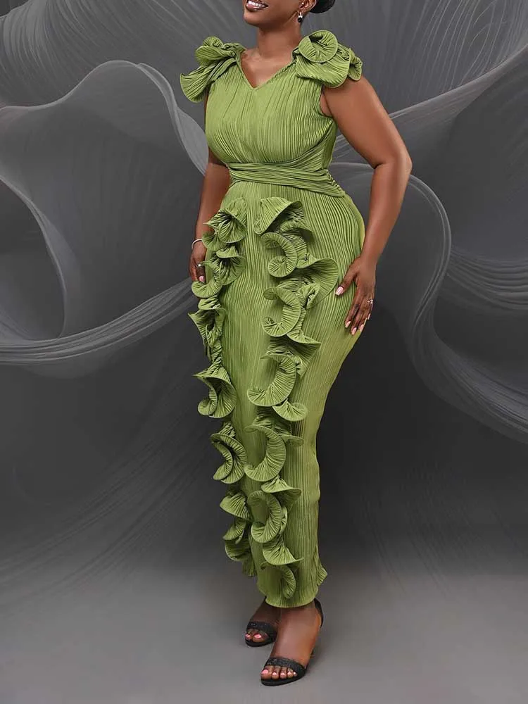 Feminino elegante chique emagrecimento vestido no verão cor sólida decote em v plissado vestido em camadas senhoras bonito aniversário plissado vestido de noite