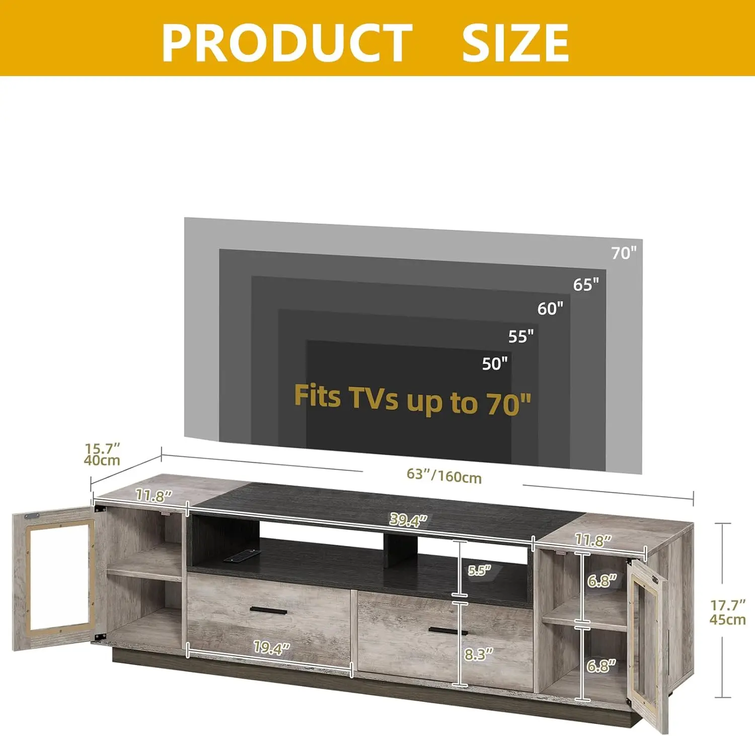 Modern TV Stands for Living Room with Power Outlets, LED TV Stand for 65+ inch TV, TV Console Cabinet,Rustic Grey