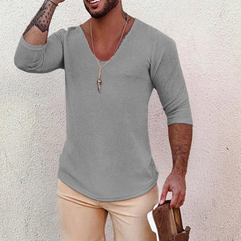 Mens Solid Color V Neck Long Sleeve Knitted Pullover Spring Summer Thin Slim Fit Soft Sweater Casual Men Streetwear Clothes Tops