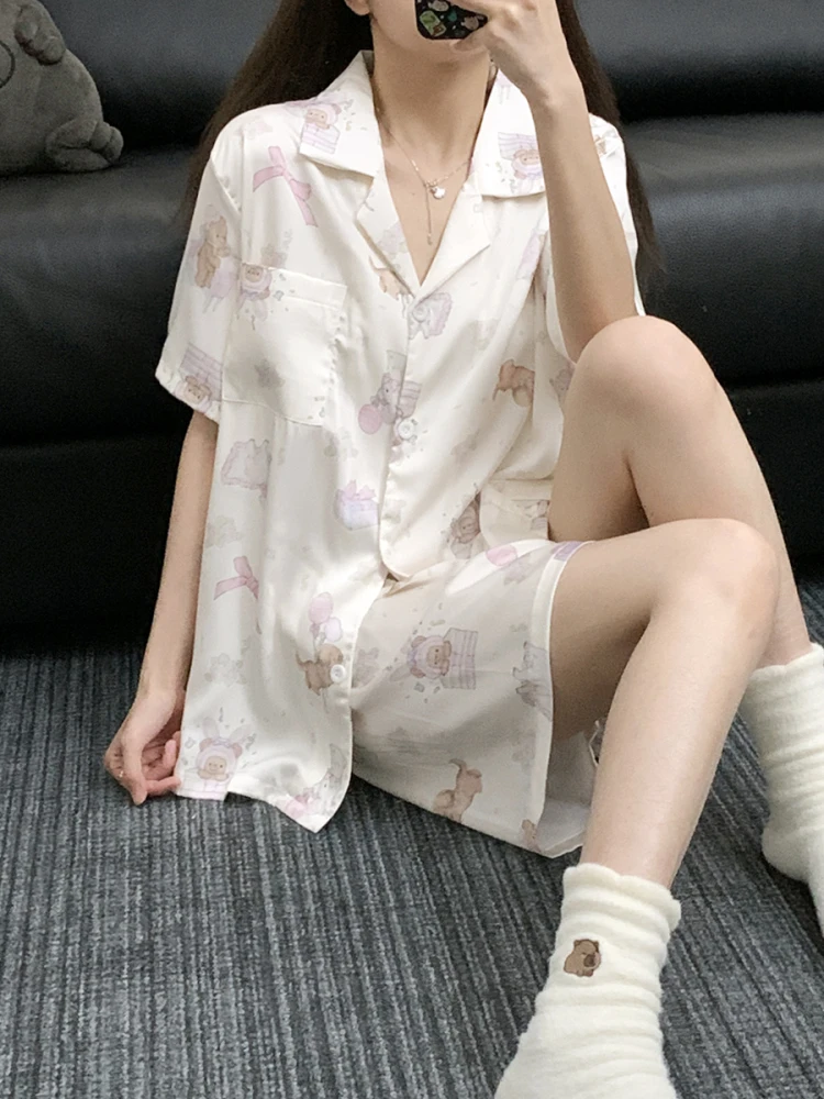 

Sweet Bear Dog Ice Silk Sleepwear Women Summer Short Sleeve Shorts Cartoon Cute Thin Home Clothes Set Comfortable Breathable
