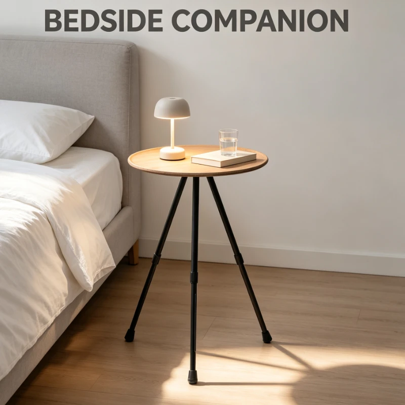 Adjustable Round Tripod Table With Wood Grain Top For Home Office Or Reading Corner Setup