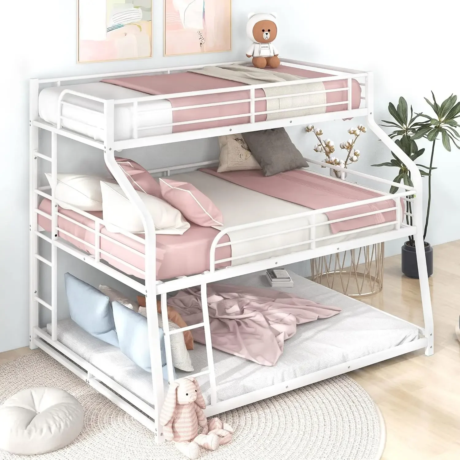 Cama tripla 3 em 1, beliche resistente de 3 camas com trilhos de proteção e 2 escadas para crianças, adolescentes, adultos, branco