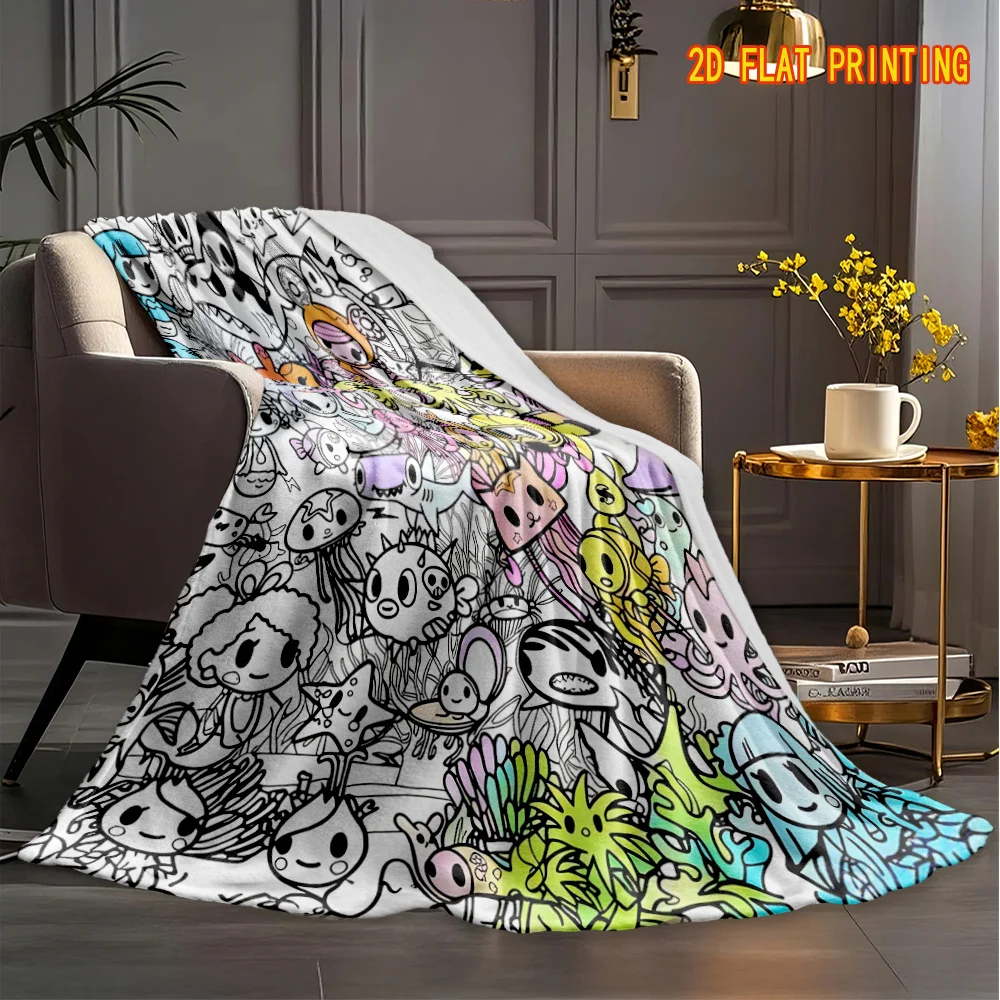 1pc Ocean Creature DIY Coloring Flannel Blanket. 2D Flat Black White Line Art with Octopus Shark. Soft Skin Smooth Fabric for So