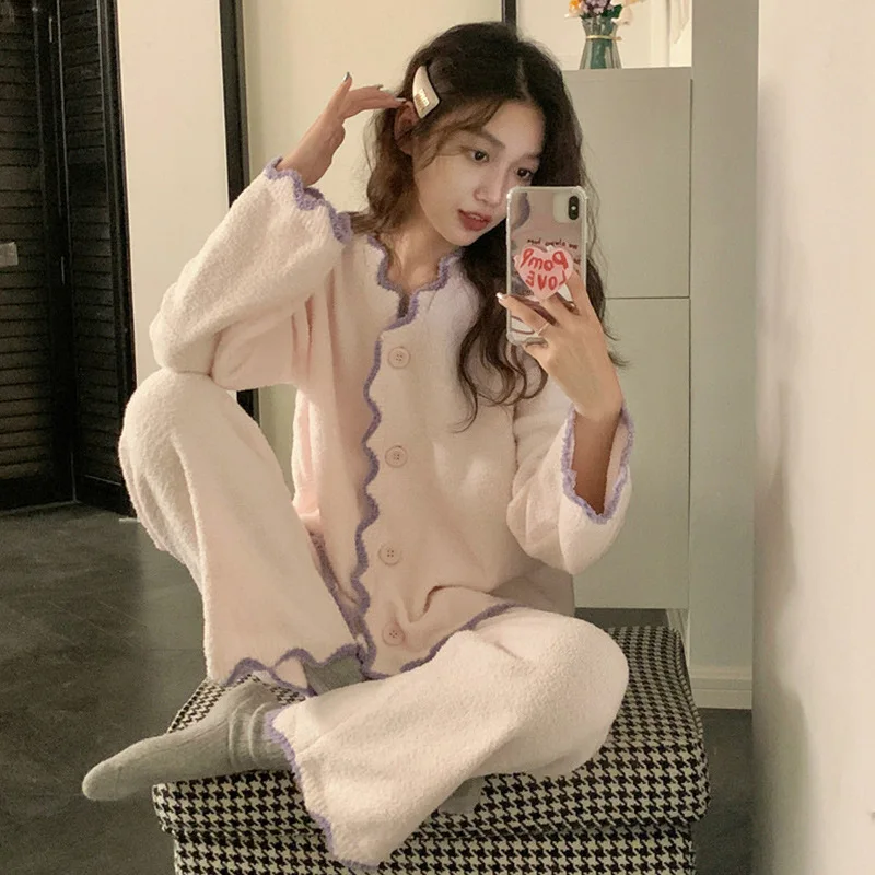 

Kawaii корейская версия ins кораллового флиса, женская одежда для сна на осень и зиму с толстым флисовым комплектом, фланелевая домашняя одежда в милом стиле