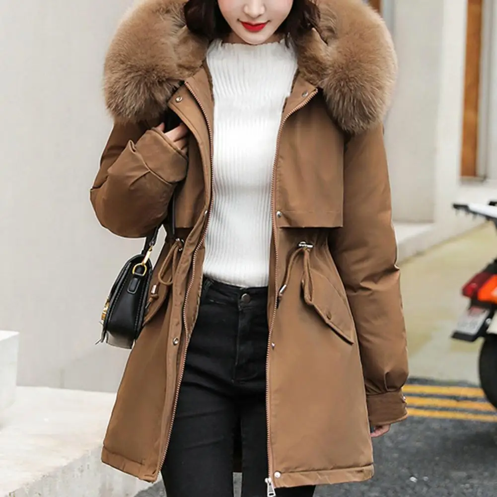 Windbreaker Style Women Cotton Coat Faux Fur Collar Hooded Zipper Closure Coat Cotton Jacket Fashion Thickened Long Lady Parkas